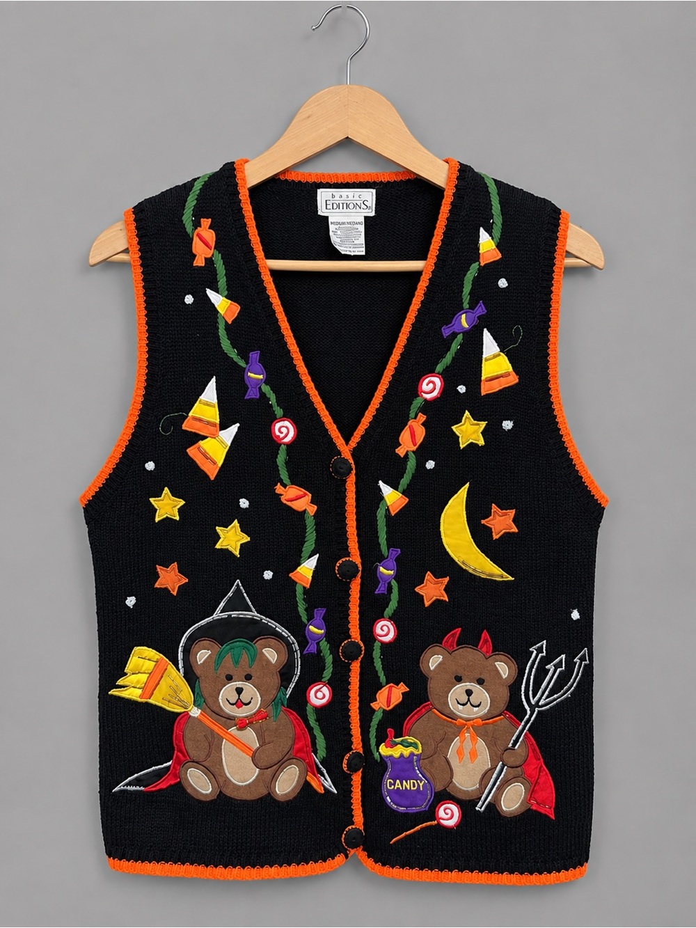 Basic Editions Halloween Sweater Vest Boo Candy Corn Knit Ramie Festival Size M